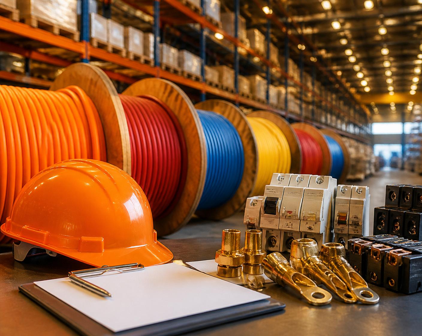 Colorful electrical cable reels, brass fittings, and safety gear ready for the next Ohio project